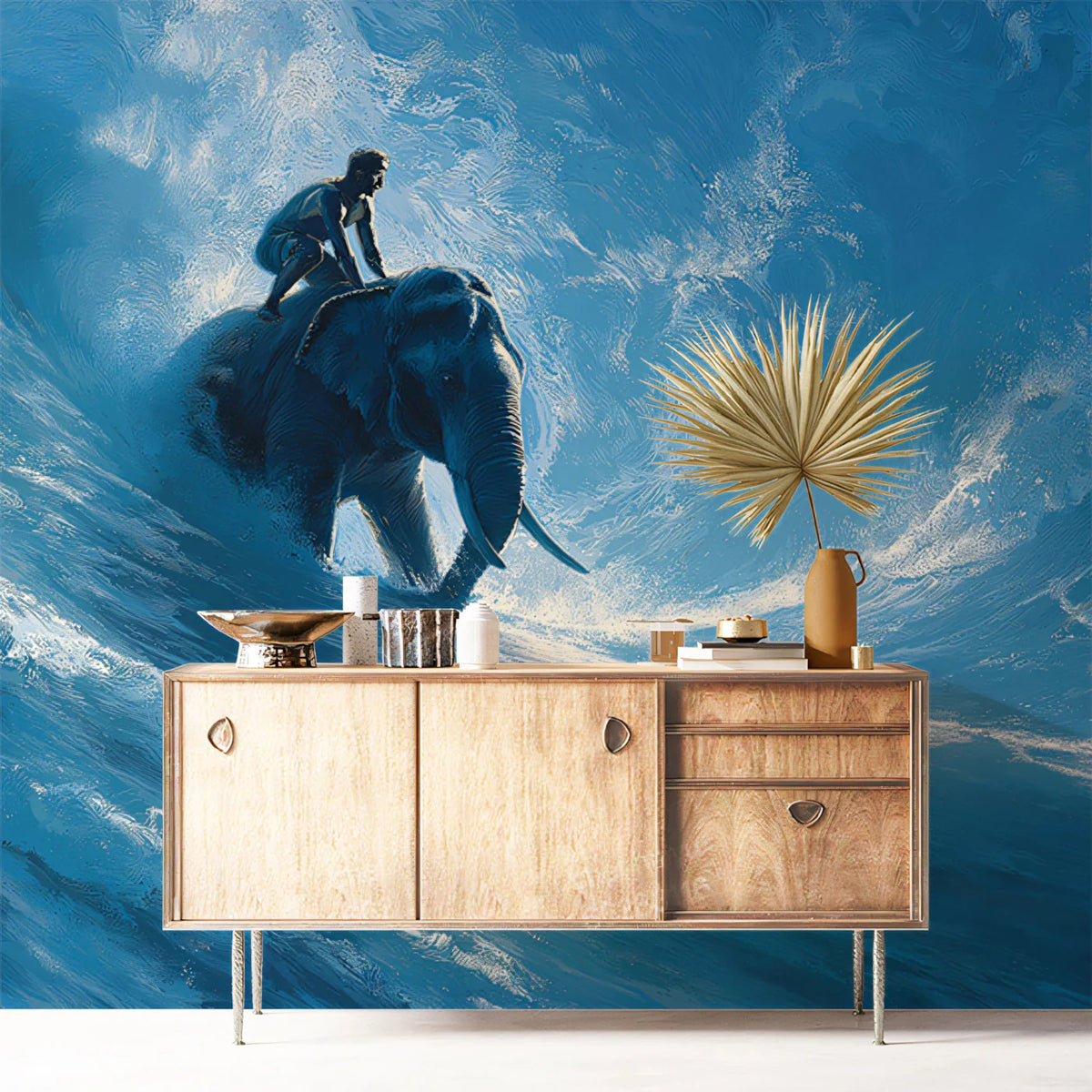 Surfing Elephant Oil Painting Mural — Expressive Ocean Blue Art Mural Wallpaper - room preview 02