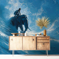 Surfing Elephant Oil Painting Mural — Expressive Ocean Blue Art Mural Wallpaper - room preview 02