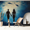 Deep Sea Couple Mural Wallpaper — Expressive Impasto Ocean Art Mural Wallpaper - room preview 02