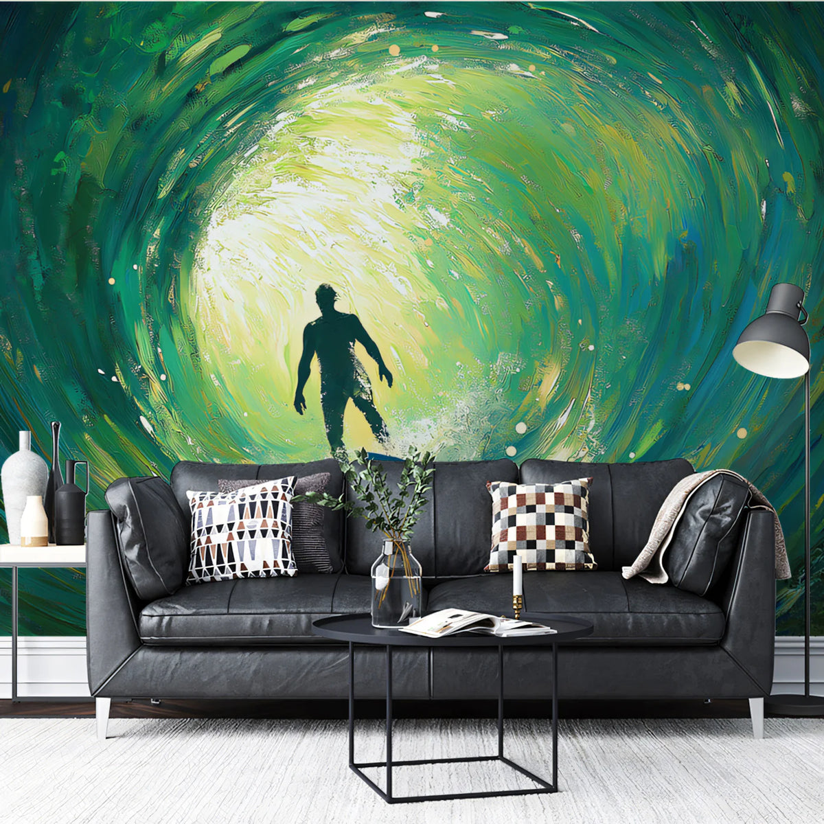 Surfer in Barrel Wave Mural Wallpaper — Expressive Impasto Art Mural Wallpaper - room preview 02