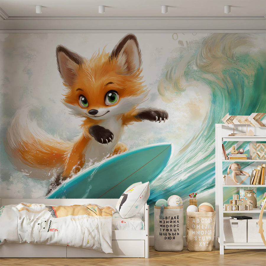Fox Wallpaper Mural – Forest Animal Wall Mural – Surfing Fox Animal — Whimsical Coastal Art