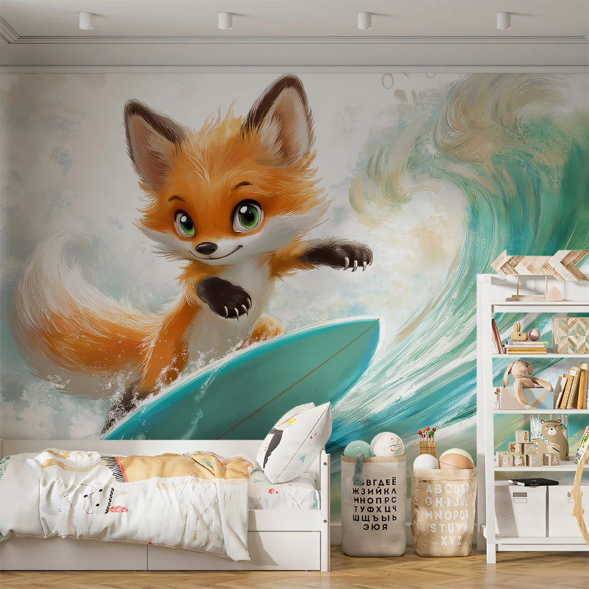Surfing Fox Animal Mural Wallpaper — Whimsical Coastal Art Mural Wallpaper - room preview 02