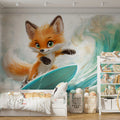 Surfing Fox Animal Mural Wallpaper — Whimsical Coastal Art Mural Wallpaper - room preview 02