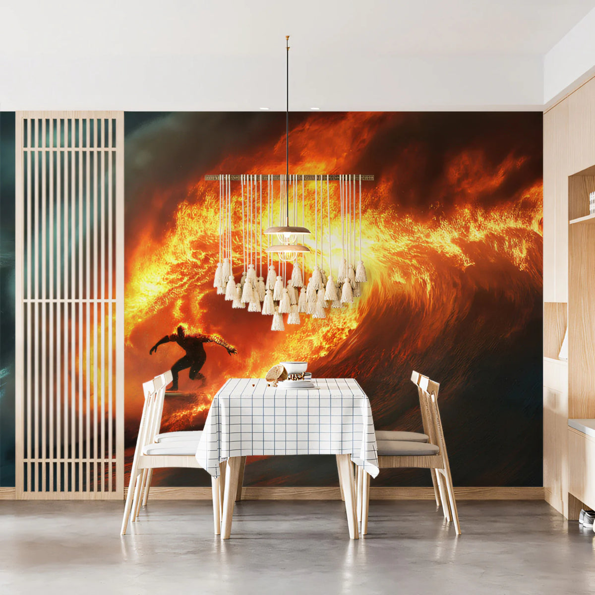 Fiery Barrel Wave Surfing Mural Wallpaper — High-Impact Action Mural Wallpaper - room preview 02