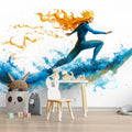 Abstract Surfer Mural Wallpaper with Fiery Hair in Watercolor Mural Wallpaper - room preview 02