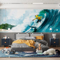 Surfing Fox Wave Mural Wallpaper — Energetic Coastal Illustration Mural Wallpaper - room preview 02