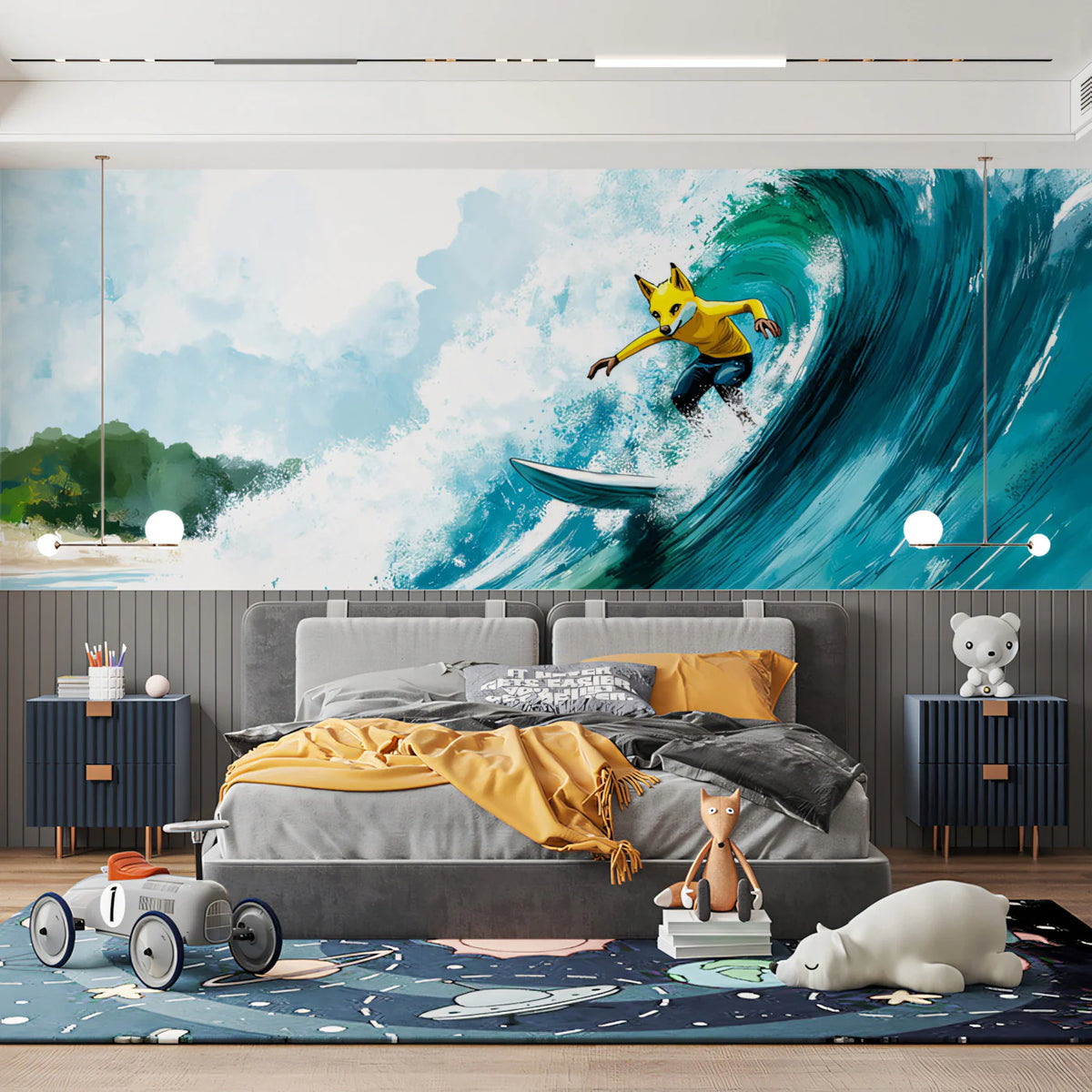 Surfing Fox Wave Mural Wallpaper — Playful Coastal Illustration Mural Wallpaper - room preview 02