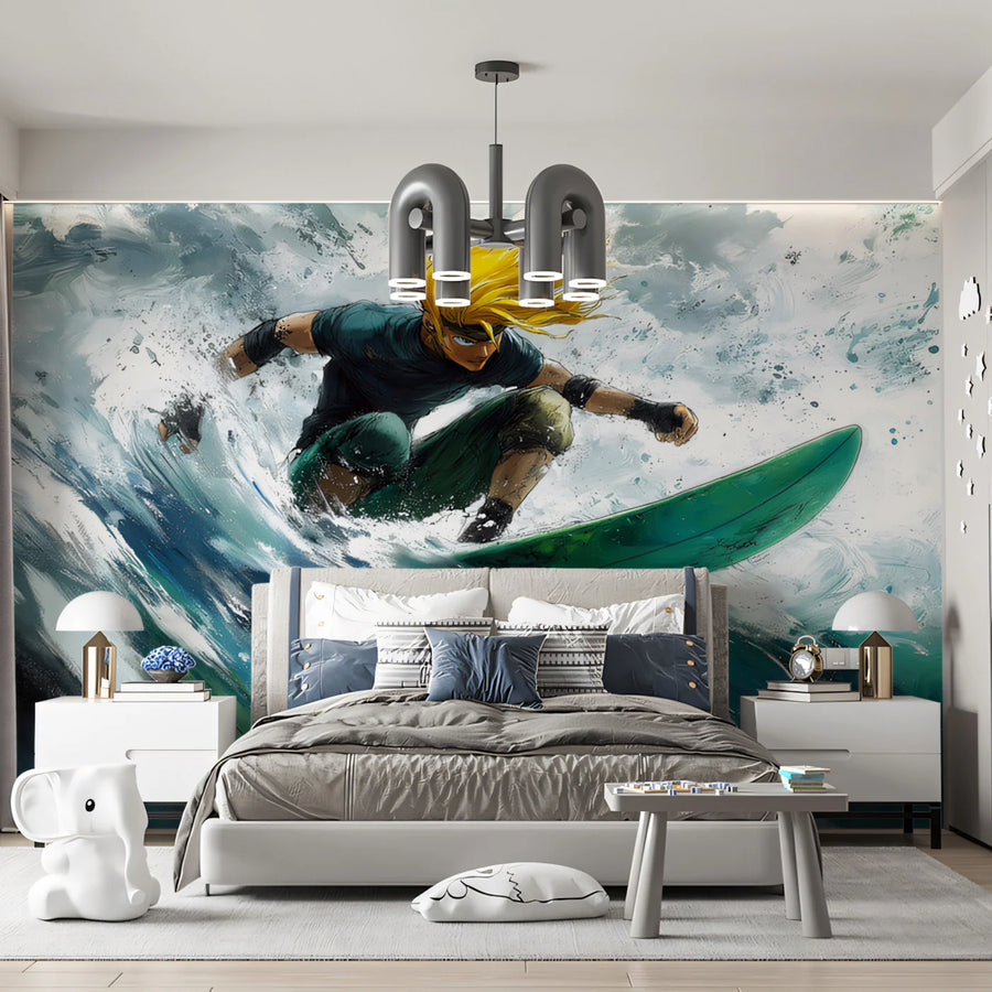 Sea Wallpaper Mural – Ocean Wall Mural – Anime Surfer Action — High Energy Coastal Art