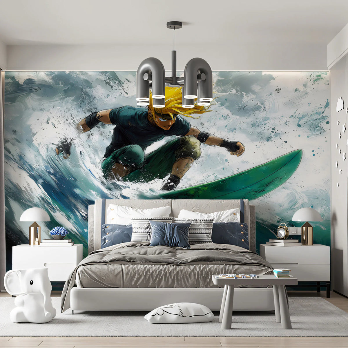 Anime Surfer Action Mural Wallpaper — High Energy Coastal Art Mural Wallpaper - room preview 02