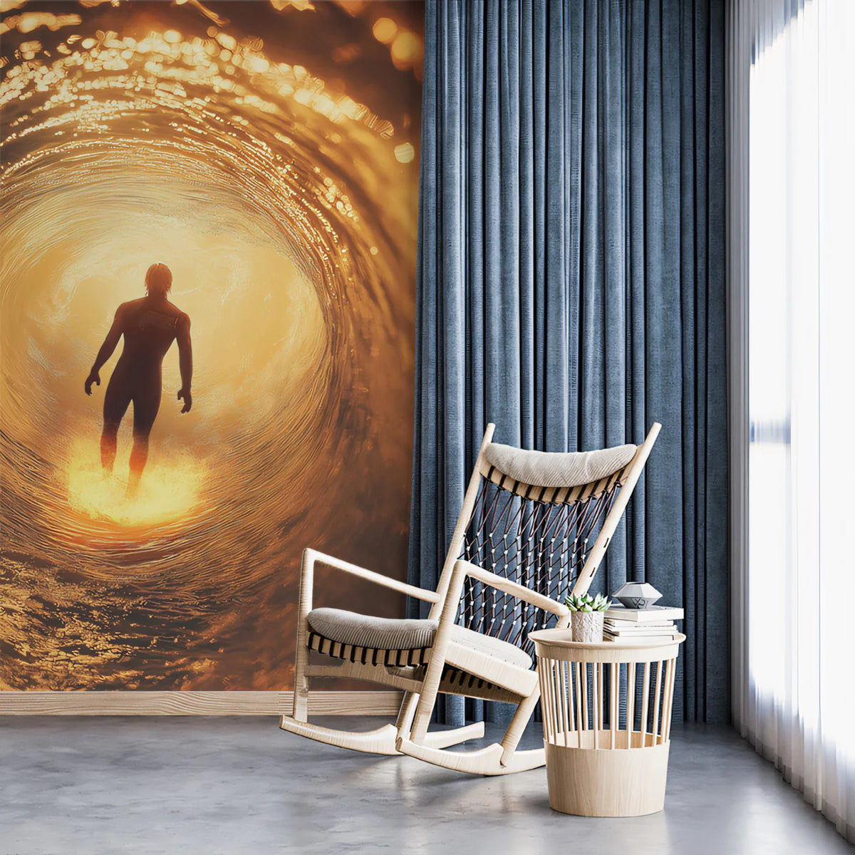 Surfer inside Golden Ocean Wave Mural Wallpaper - room preview 02