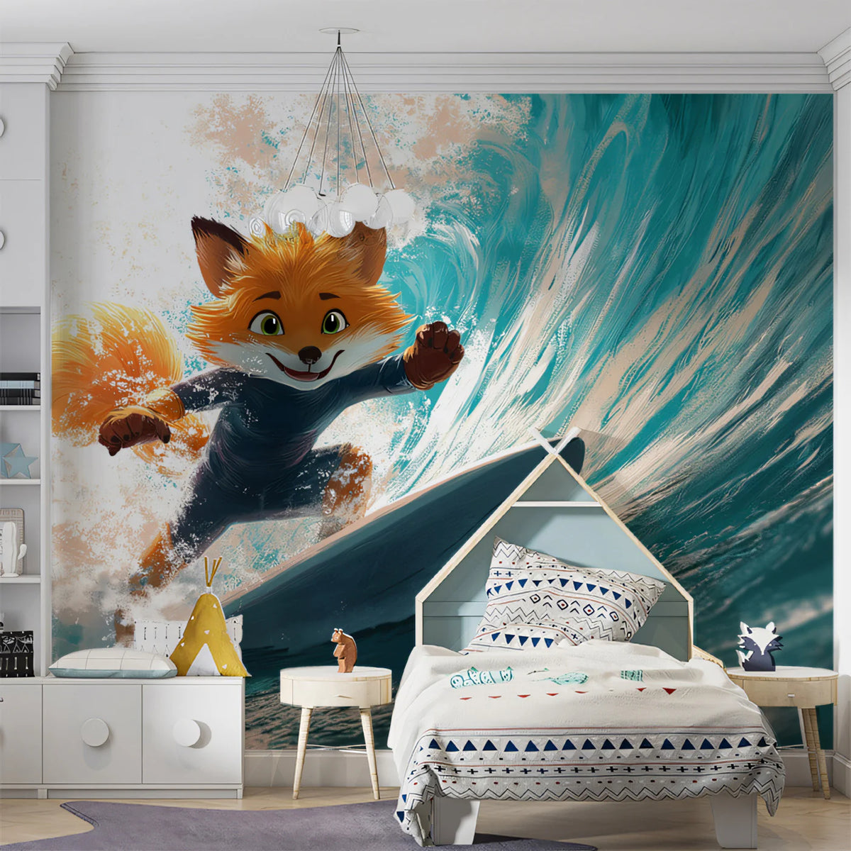 Surfing Fox Illustration Mural Wallpaper — Playful Coastal Art Mural Wallpaper - room preview 02