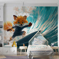 Surfing Fox Illustration Mural Wallpaper — Playful Coastal Art Mural Wallpaper - room preview 02