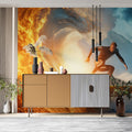 Fire and Water Barrel Wave Mural Wallpaper — High Energy Contrast Mural Wallpaper - room preview 02