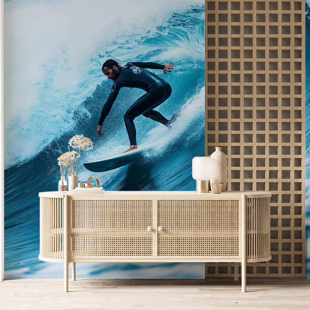 Turquoise Barrel Wave Action Mural Wallpaper — Energetic Coastal Art Mural Wallpaper - room preview 02