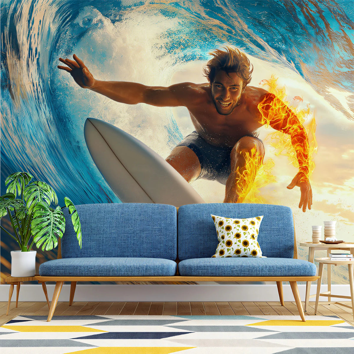 Fiery Surfer Action Mural Wallpaper — Bold Coastal Fantasy Art Mural Wallpaper - room preview 02