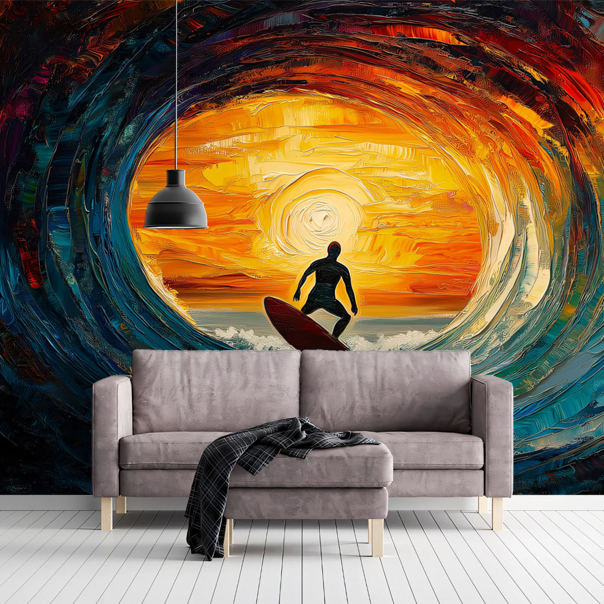 Surfer Sunset Barrel Wave Mural Wallpaper — Artistic Oil Painting Mural Wallpaper - room preview 02