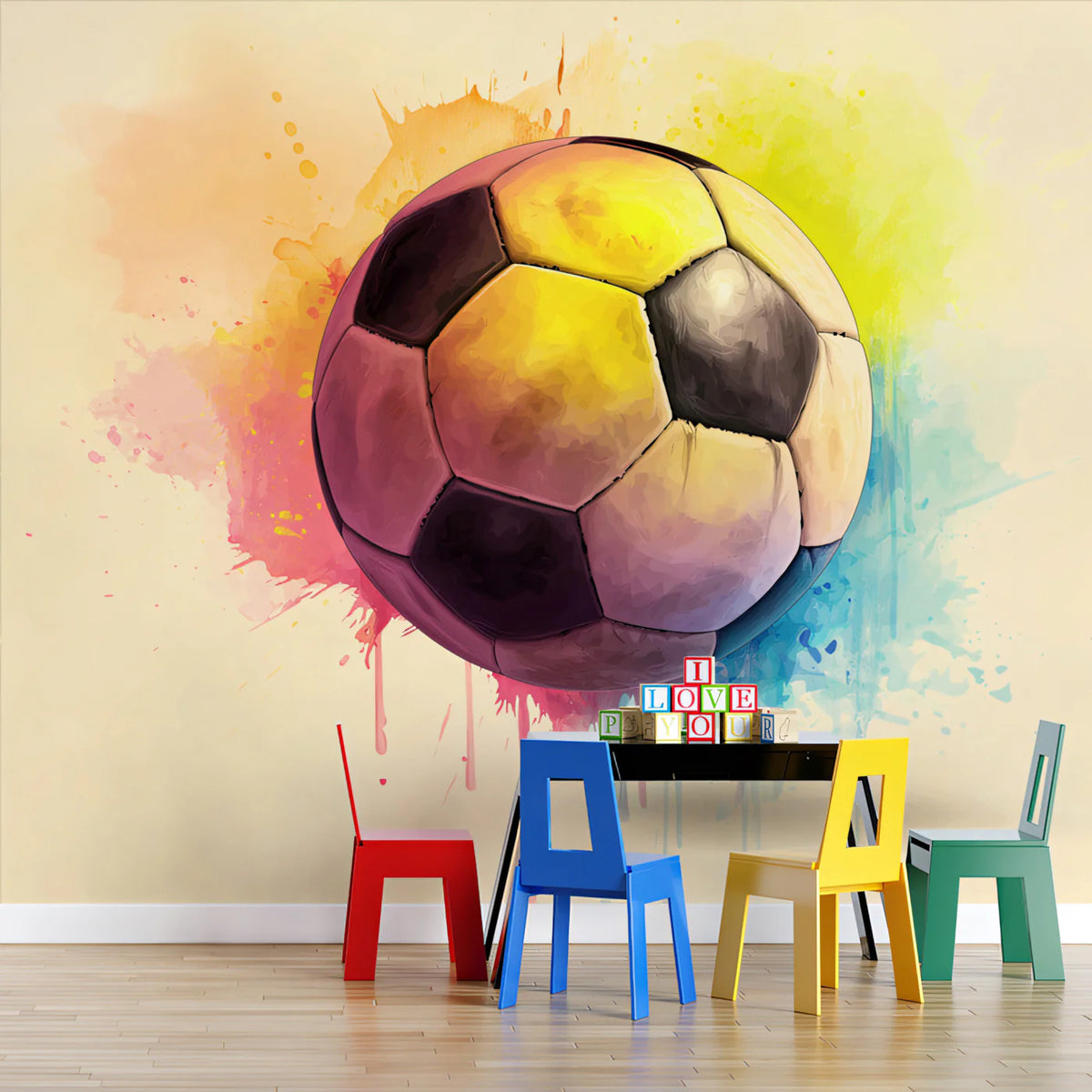 Watercolor Soccer Ball Mural Wallpaper — Artistic Pastel Sports Art Mural Wallpaper - room preview 02