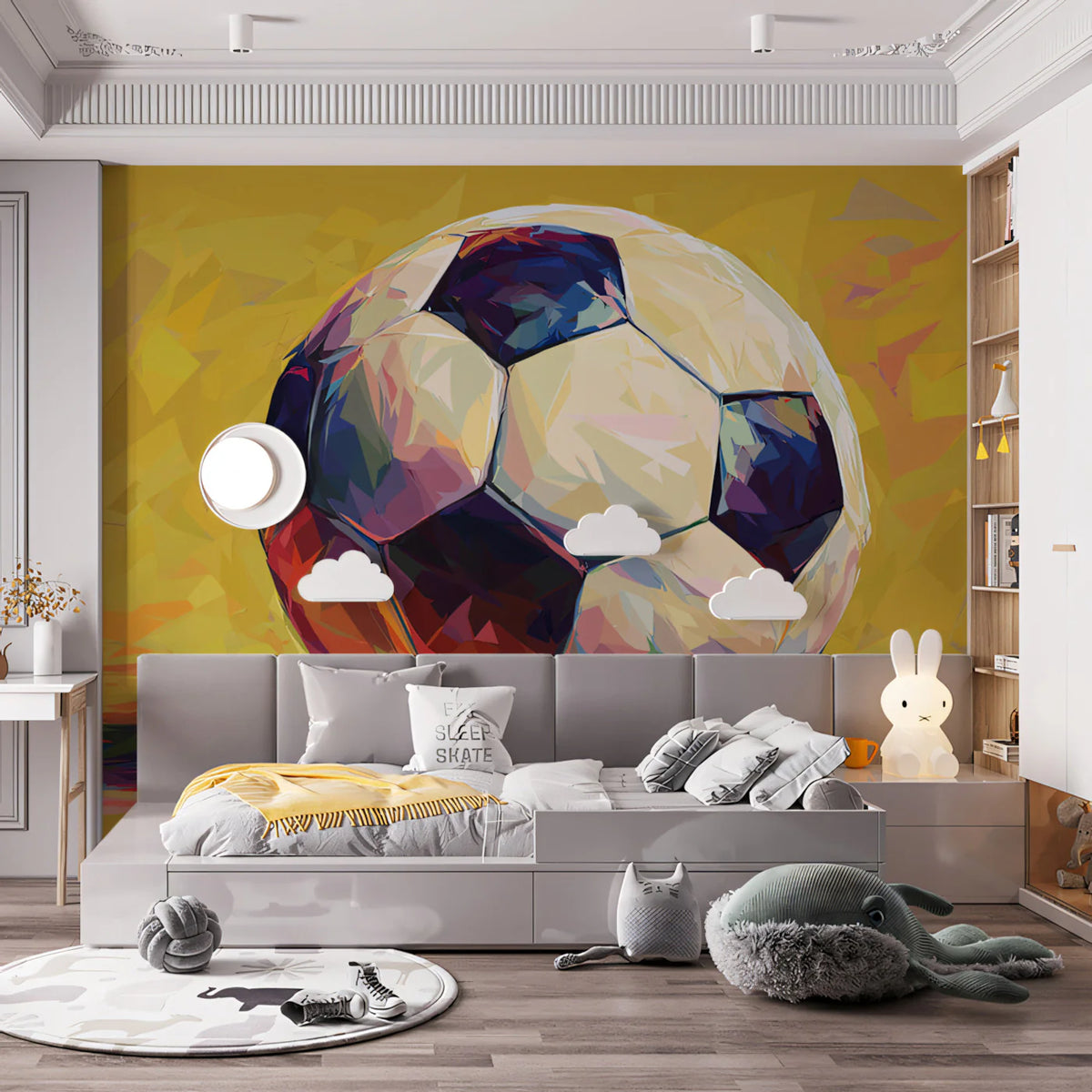 Abstract Cubist Soccer Ball Mural Wallpaper in Ochre and Primary Tones Mural Wallpaper - room preview 02