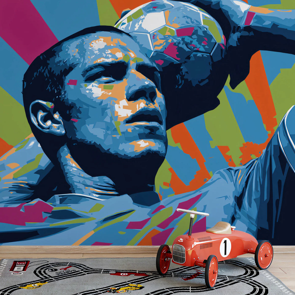 Dynamic Footballer Pop Art Mural Wallpaper — Vivid Graphic Portrait Mural Wallpaper - room preview 02