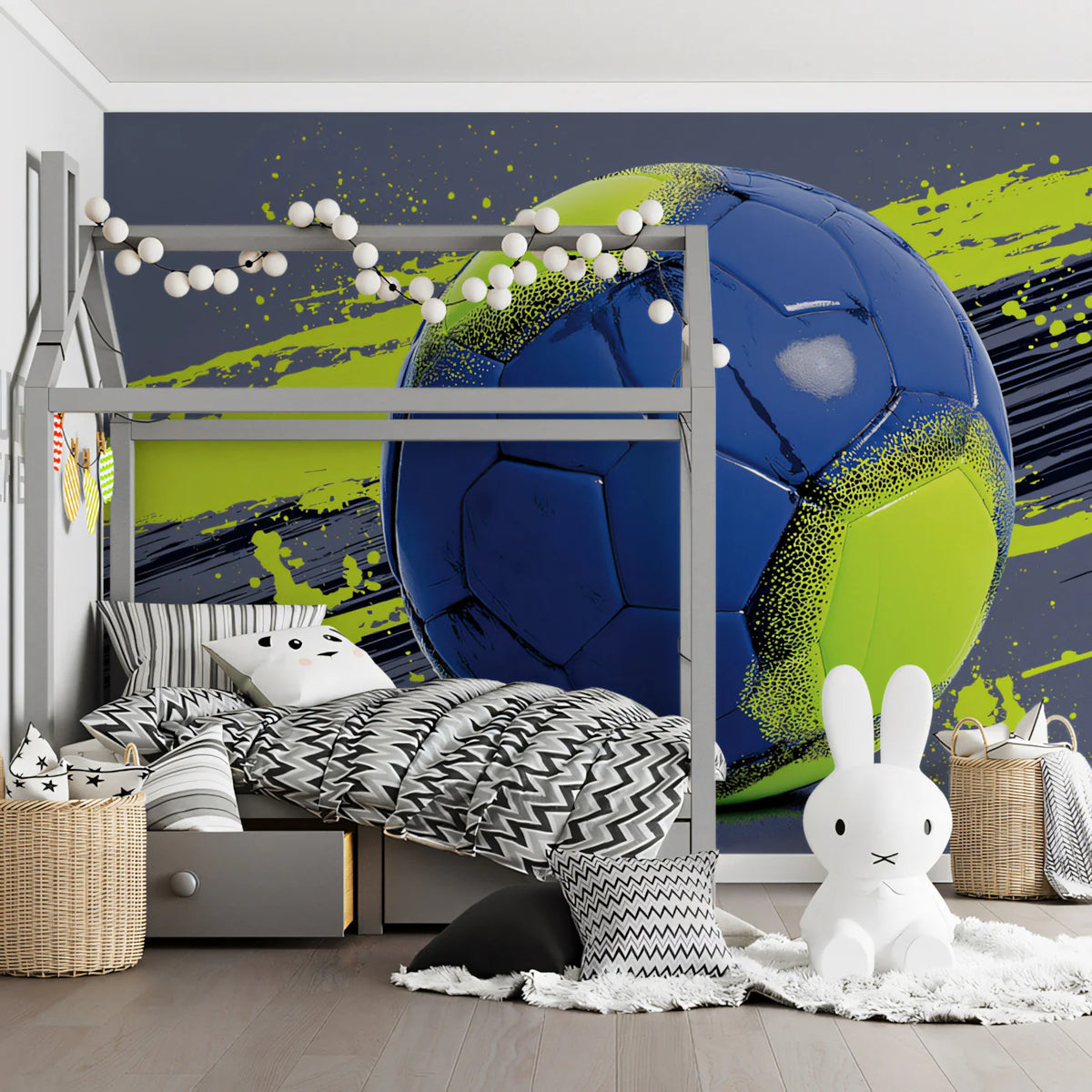 Neon Sports Ball Mural Wallpaper — High-Contrast Grunge Art Mural Wallpaper - room preview 02