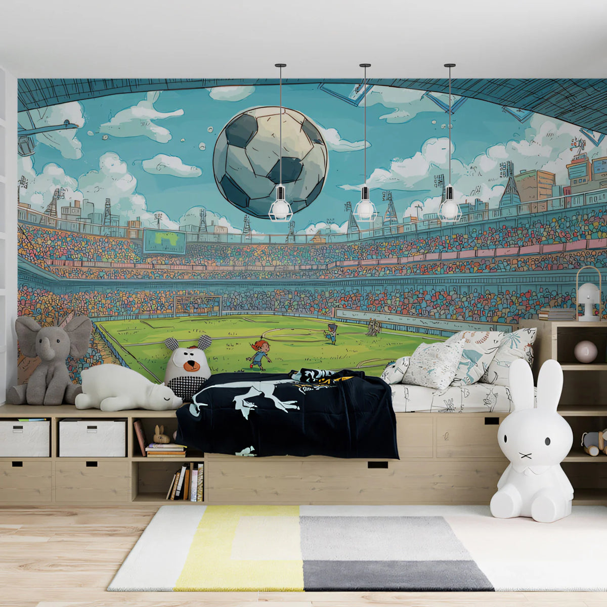 Cartoon Soccer Stadium Panorama Mural Wallpaper — Whimsical Sport Art Mural Wallpaper - room preview 02