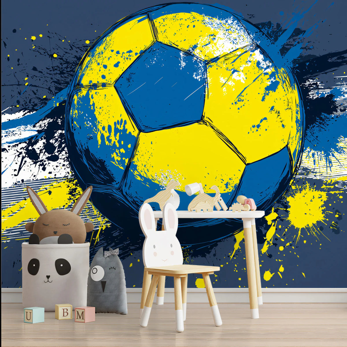 Dynamic Grunge Soccer Ball Mural Wallpaper in Blue and Yellow Mural Wallpaper - room preview 02