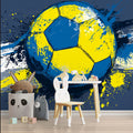 Dynamic Grunge Soccer Ball Mural Wallpaper in Blue and Yellow Mural Wallpaper - room preview 02