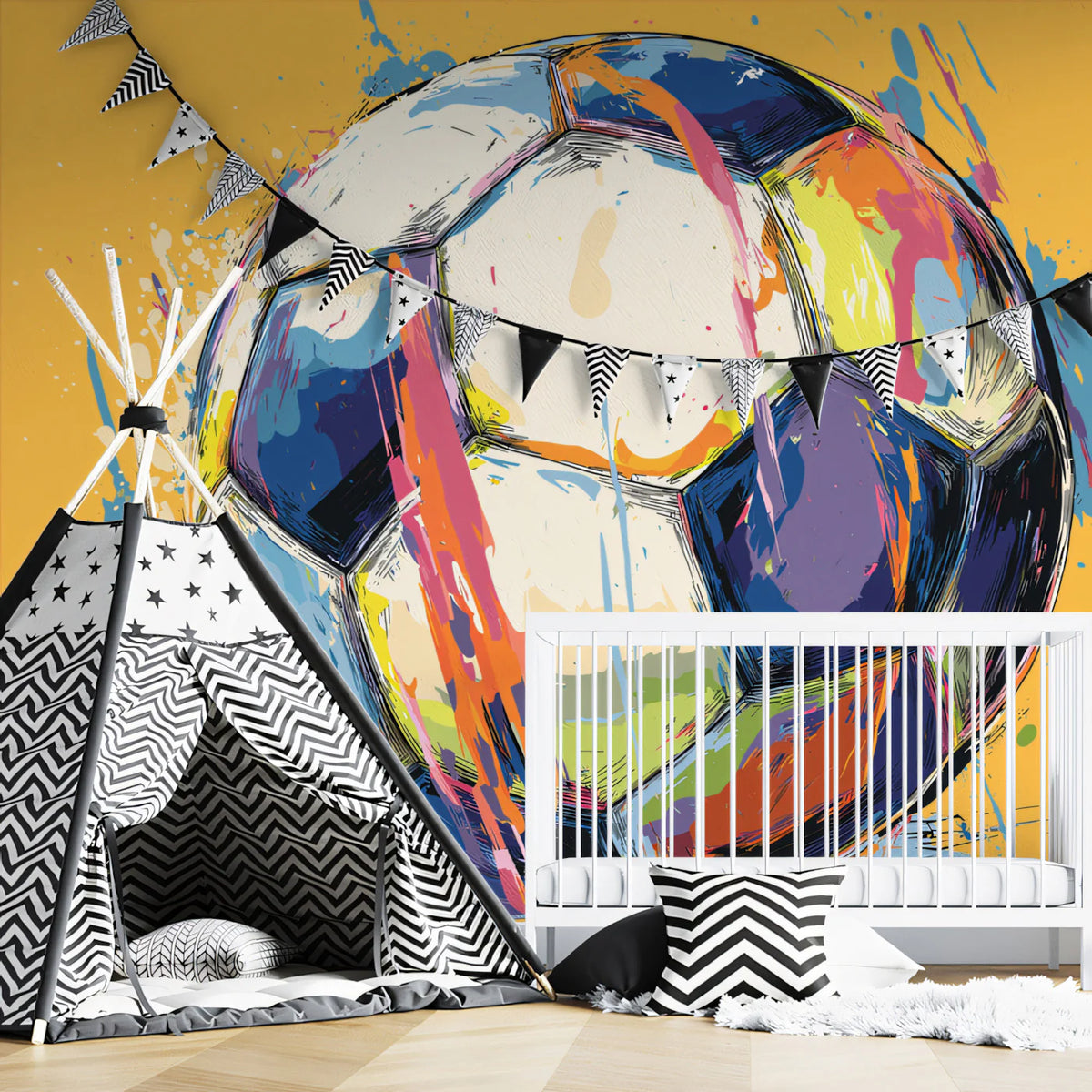 Abstract Soccer Ball Mural Wallpaper — Vibrant Splatter Art Design Mural Wallpaper - room preview 02