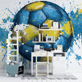Sketch Soccer Ball Mural Wallpaper — Vibrant Blue and Yellow Art Mural Wallpaper - room preview 02