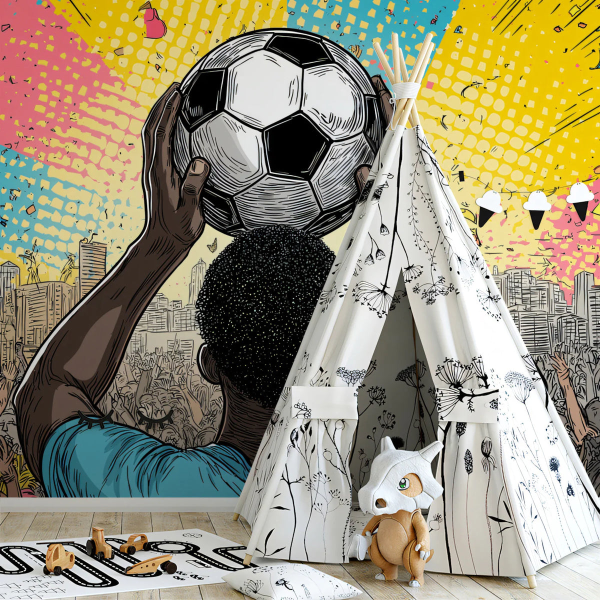 Stadium Victory Mural Wallpaper — Pop Art Soccer Celebration Mural Wallpaper - room preview 02
