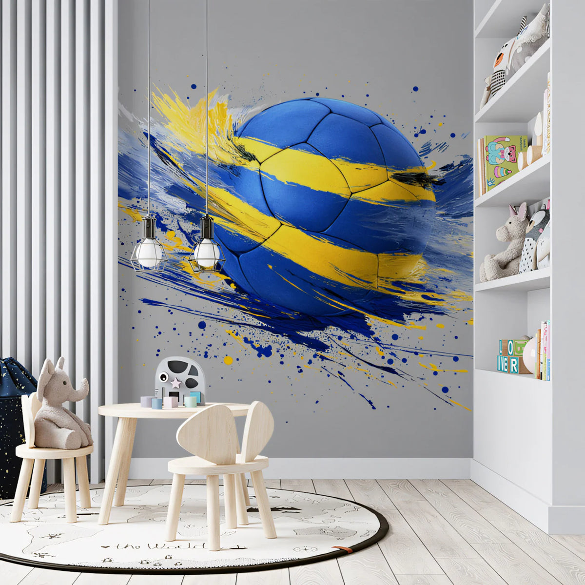 Dynamic Soccer Motion Mural Wallpaper — Blue and Yellow Action Art Mural Wallpaper - room preview 02