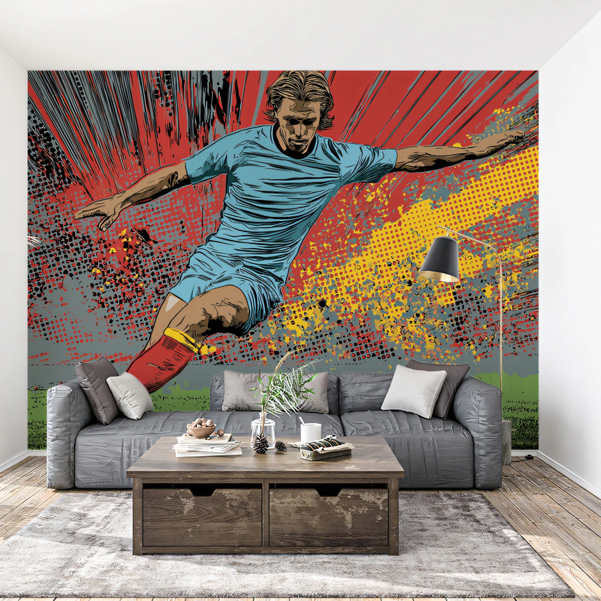 Dynamic Pop Art Soccer Kick Mural Wallpaper — Action Sports Style Mural Wallpaper - room preview 02