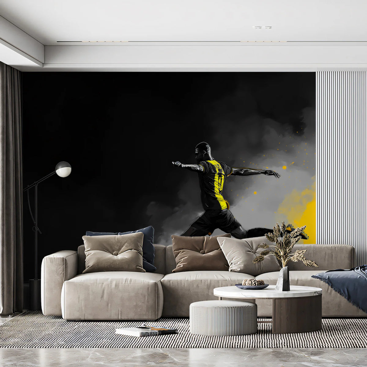 Dynamic Football Strike Mural Wallpaper — High Contrast Action Art Mural Wallpaper - room preview 02