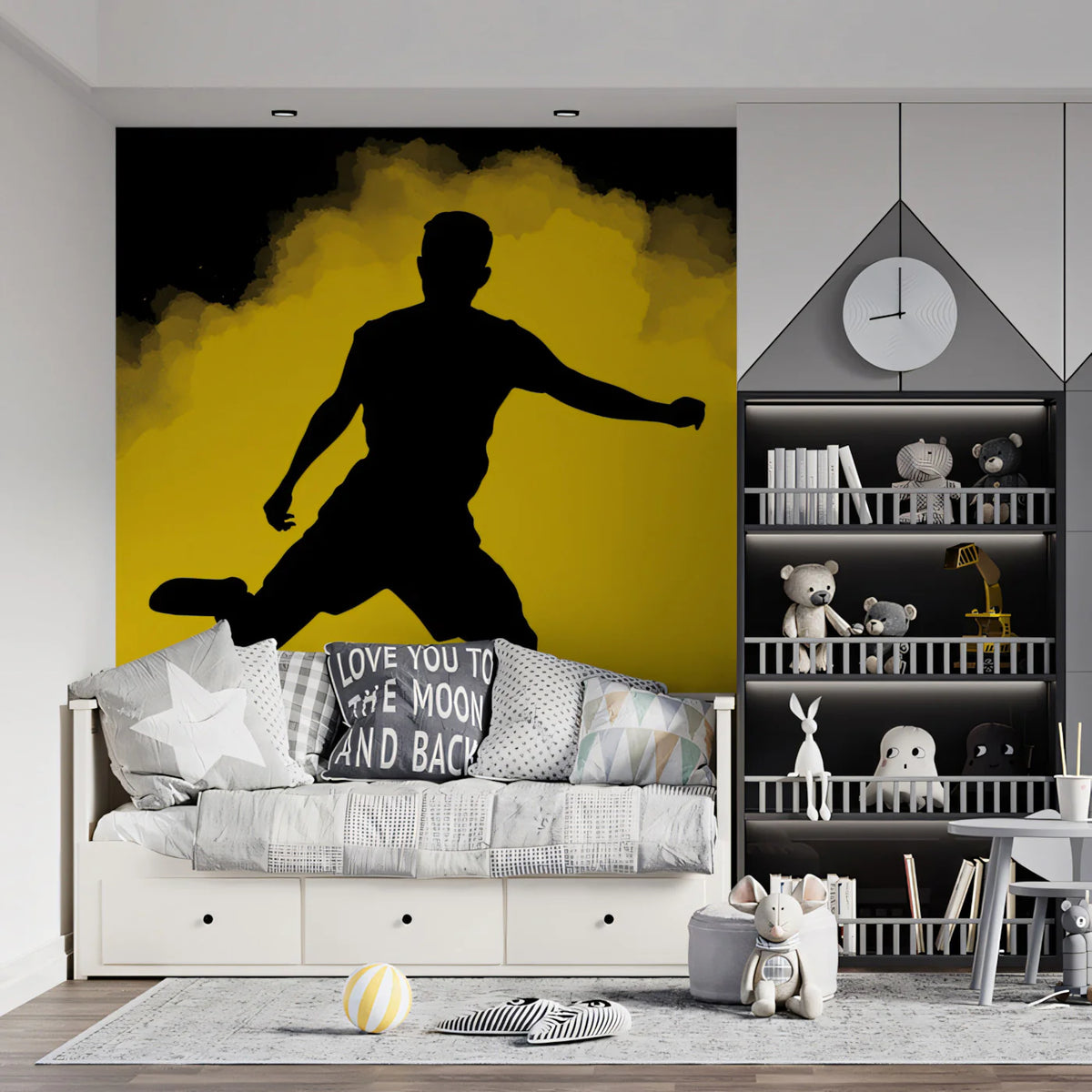 Soccer Player Silhouette Mural Wallpaper — Dynamic Yellow Smoke Mural Wallpaper - room preview 02