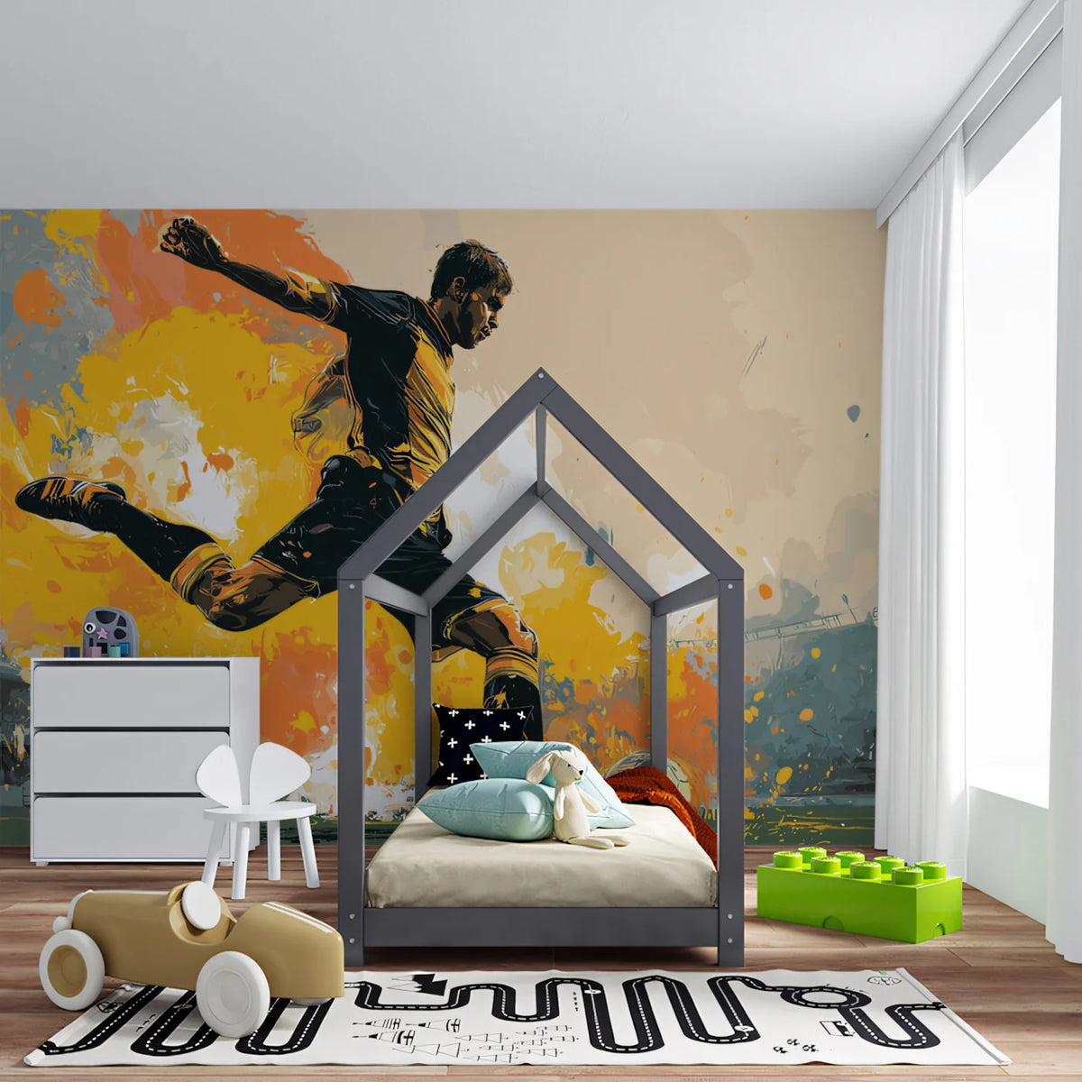 Dynamic Football Strike Mural Wallpaper — Vibrant Artistic Splatter Mural Wallpaper - room preview 02