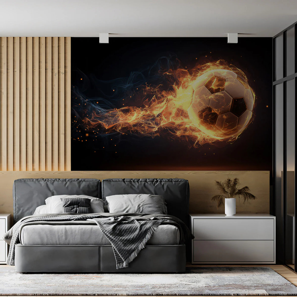 Fiery Soccer Ball Mural Wallpaper — High-Energy Athletic Design Mural Wallpaper - room preview 02
