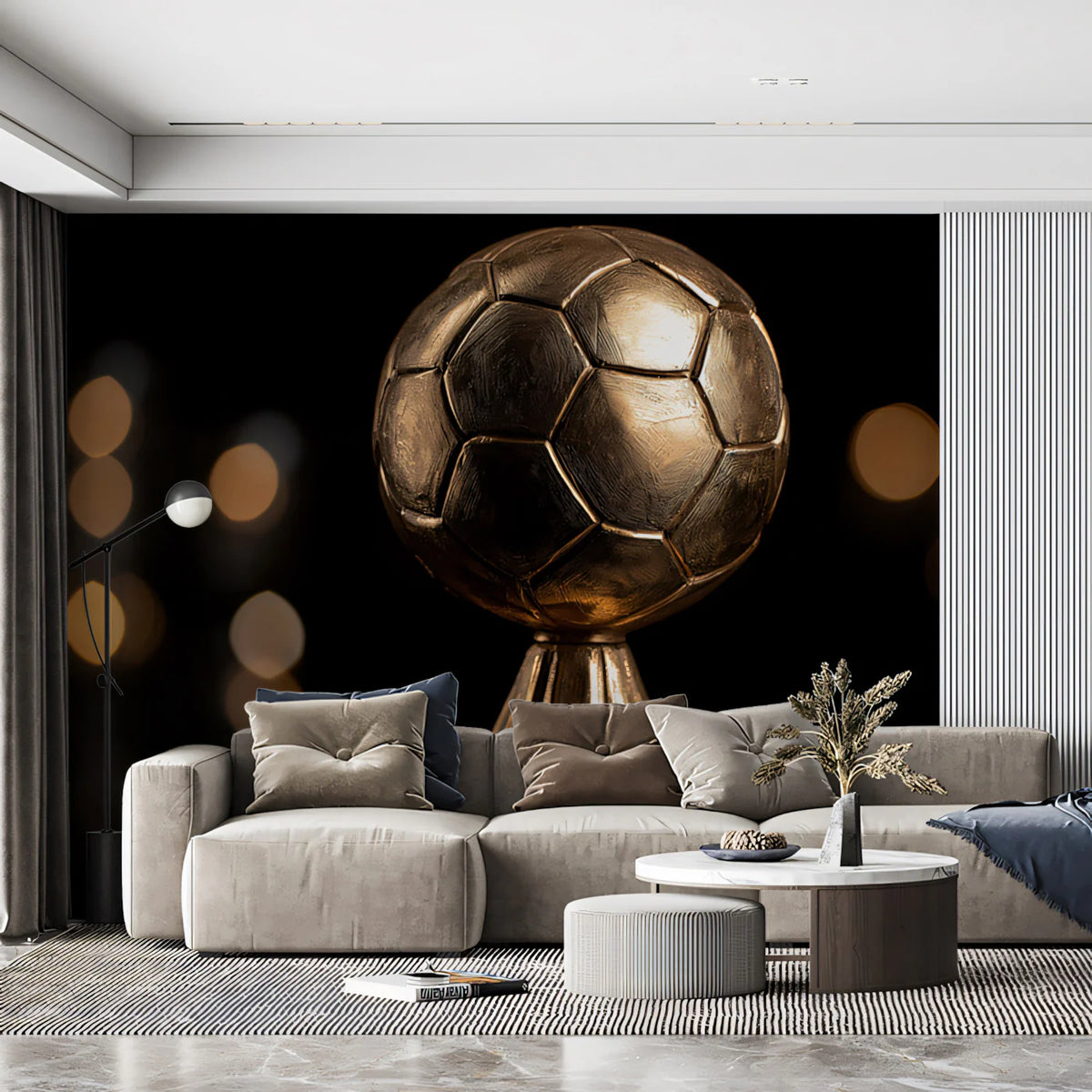 Golden Soccer Trophy Mural Wallpaper — Cinematic Achievement Decor Mural Wallpaper - room preview 02