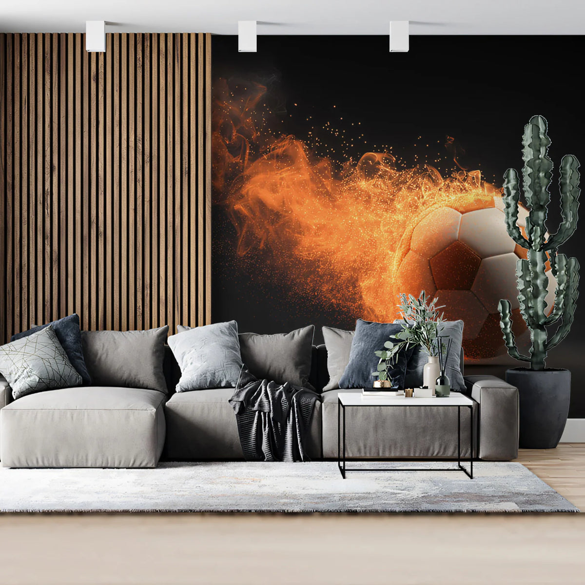 Flaming Soccer Ball Mural Wallpaper — High Energy Sports Motion Art Mural Wallpaper - room preview 02