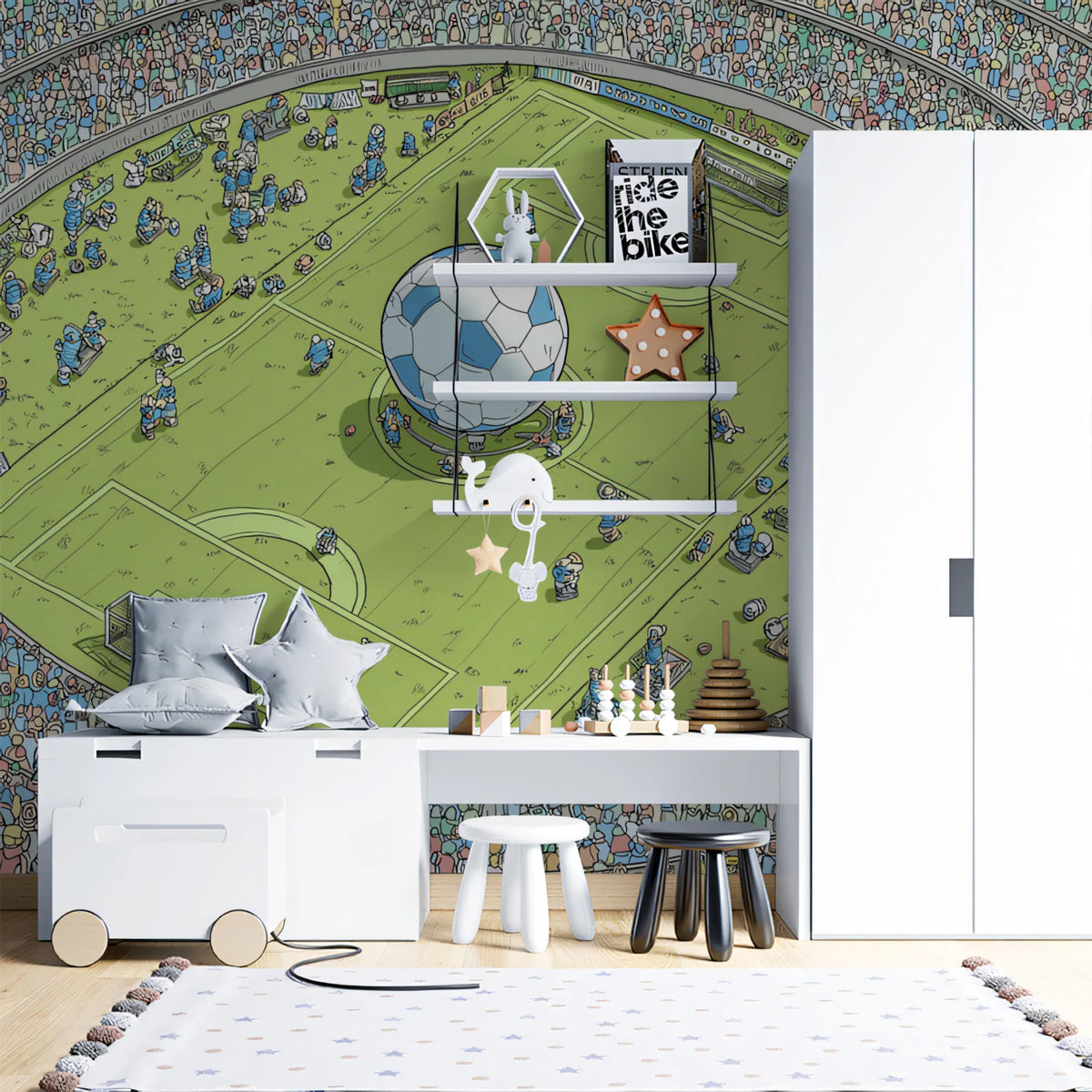 Panoramic Soccer Stadium Mural Wallpaper — Whimsical Sport Scene Mural Wallpaper - room preview 02