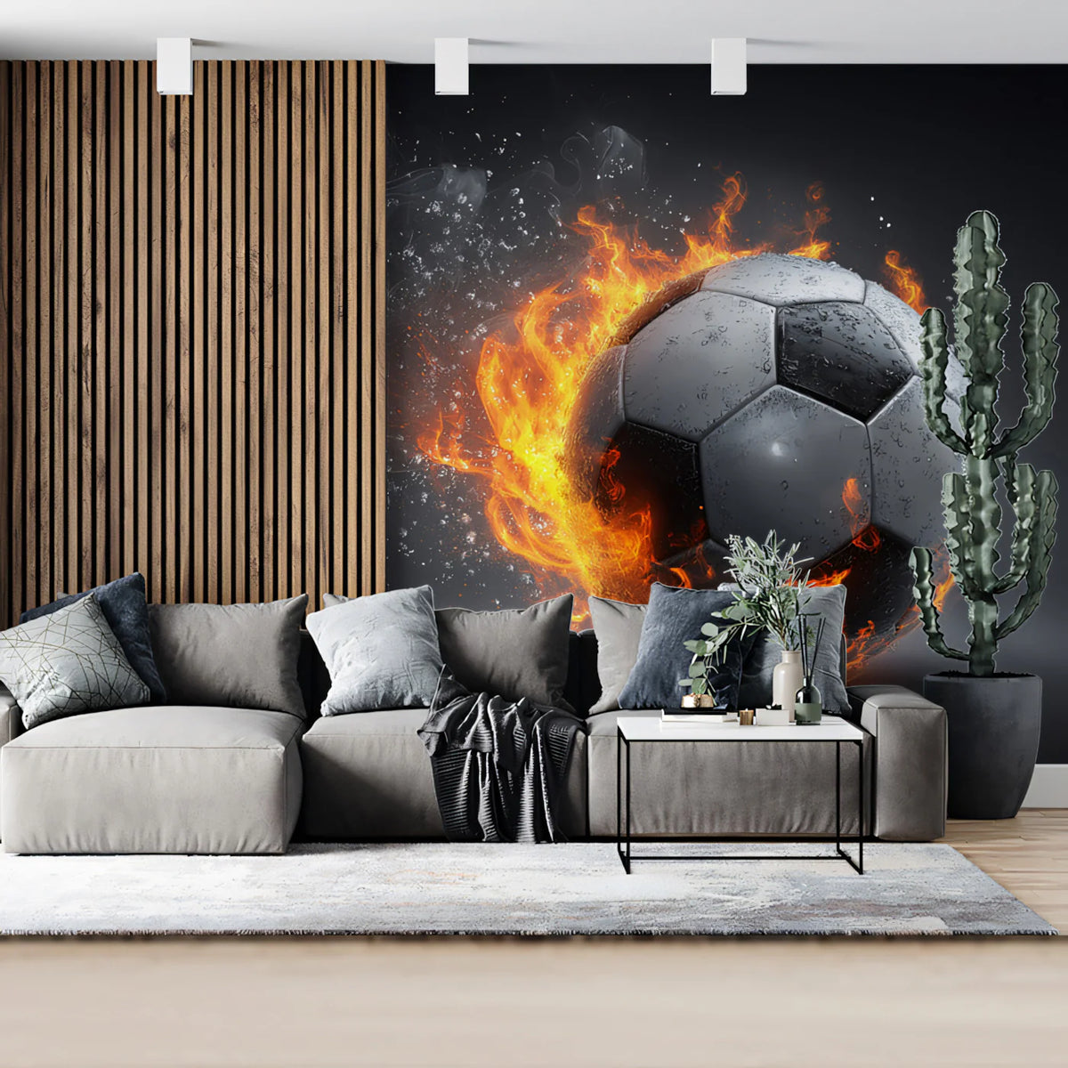 Fiery Soccer Ball Mural Wallpaper — High-Octane Action Design Mural Wallpaper - room preview 02