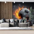 Fiery Soccer Ball Mural Wallpaper — High-Octane Action Design Mural Wallpaper - room preview 02