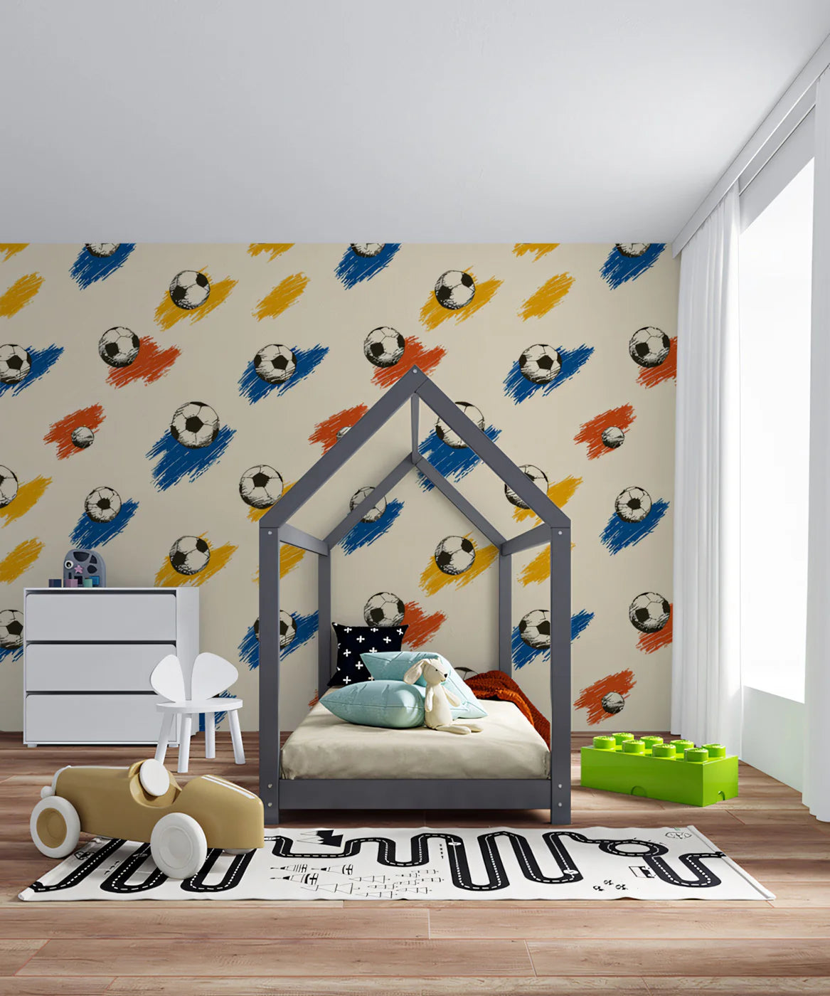 Retro Soccer Sketch Mural Wallpaper —Playful Sports Motif Mural Wallpaper - room preview 02