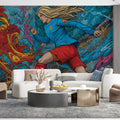 Psychedelic Soccer Action Mural Wallpaper — High-Energy Athletic Art Mural Wallpaper - room preview 02