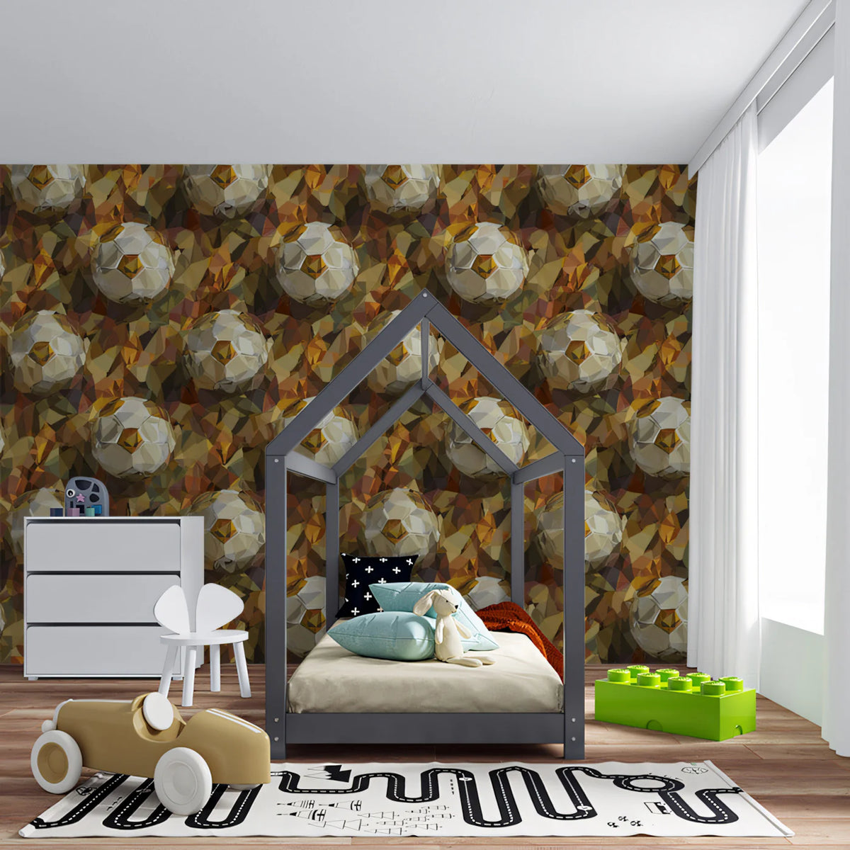 Geometric Golden Soccer Ball Mural Wallpaper — Abstract Sport Motif Mural Wallpaper - room preview 02