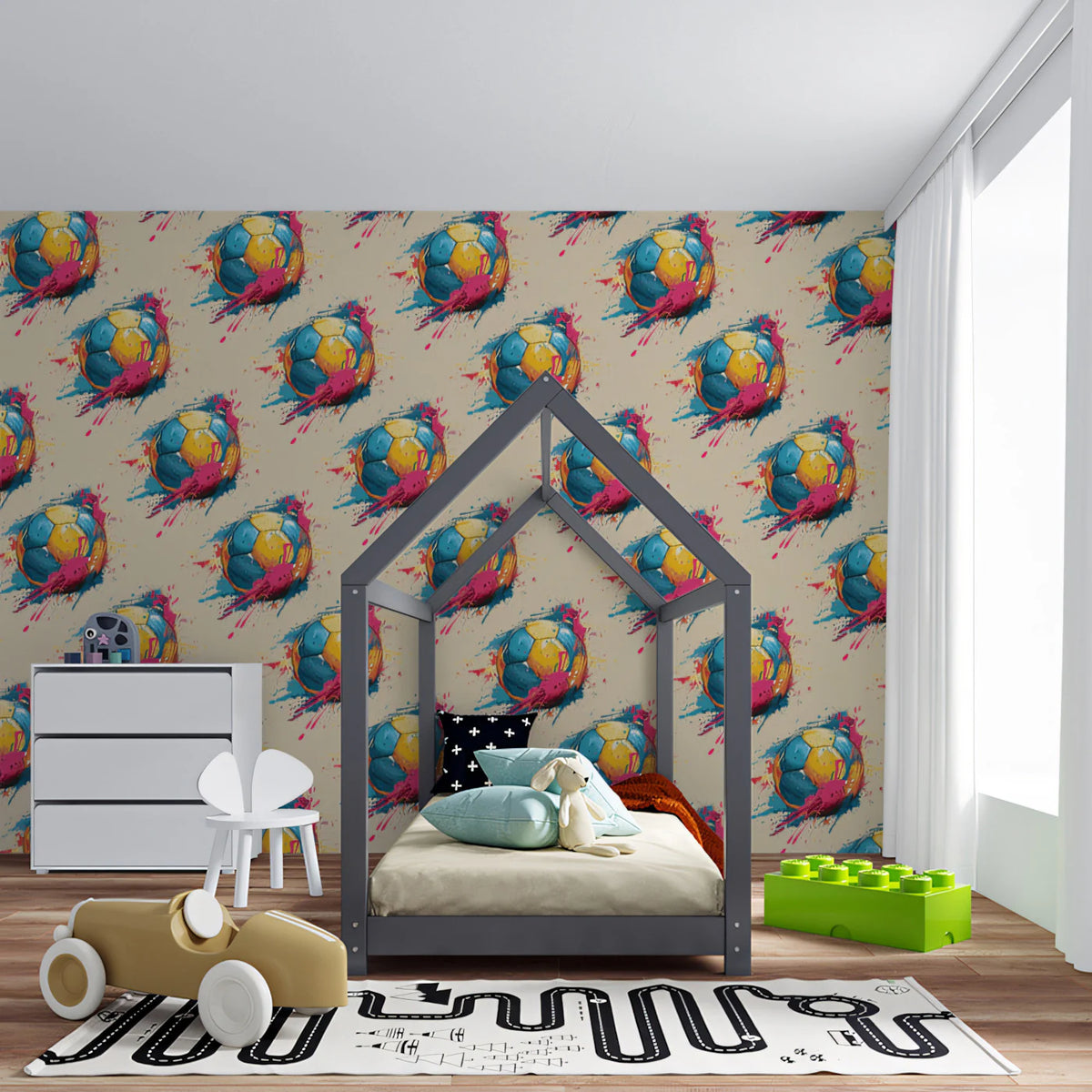 Sporty Soccer Ball Mural Wallpaper —Vibrant Retro Sketch Print Mural Wallpaper - room preview 02