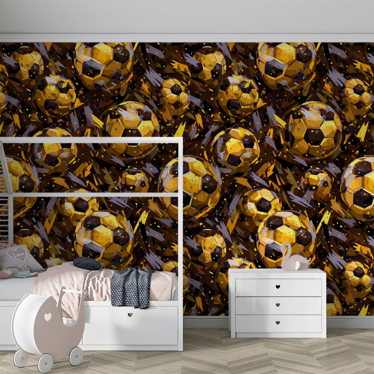 Metallic Gold Soccer Ball Mural Wallpaper — Dynamic Abstract Pattern Mural Wallpaper - room preview 02