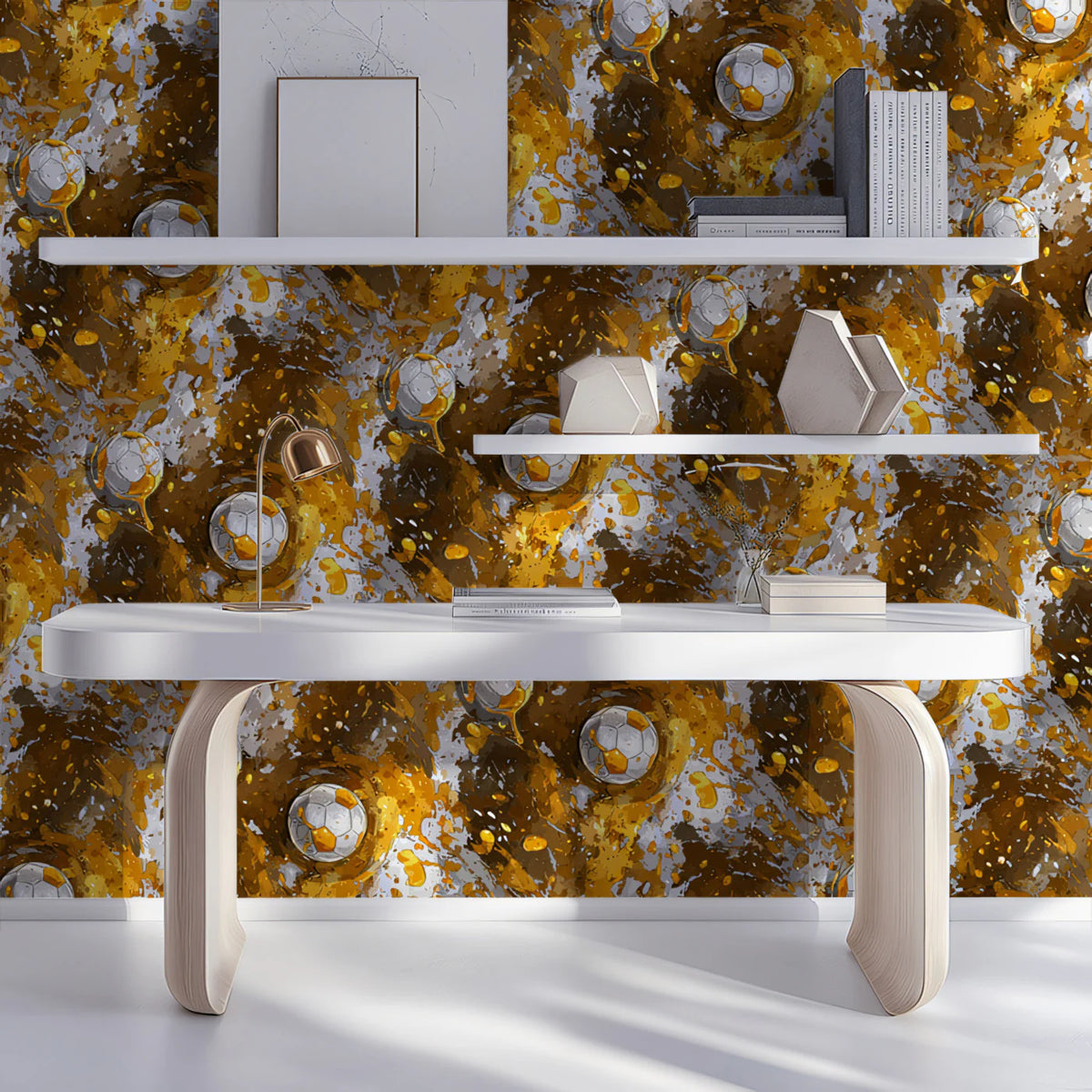 Golden Splatter Soccer Ball Mural Wallpaper — Sporty Modern Design Mural Wallpaper - room preview 02