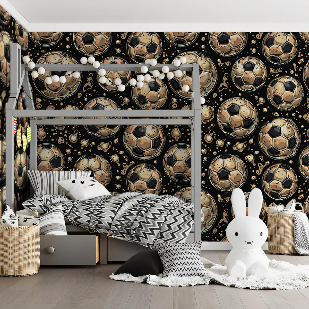 Golden Soccer Ball Repeat Mural Wallpaper — Luxurious Sports Motif Mural Wallpaper - room preview 02