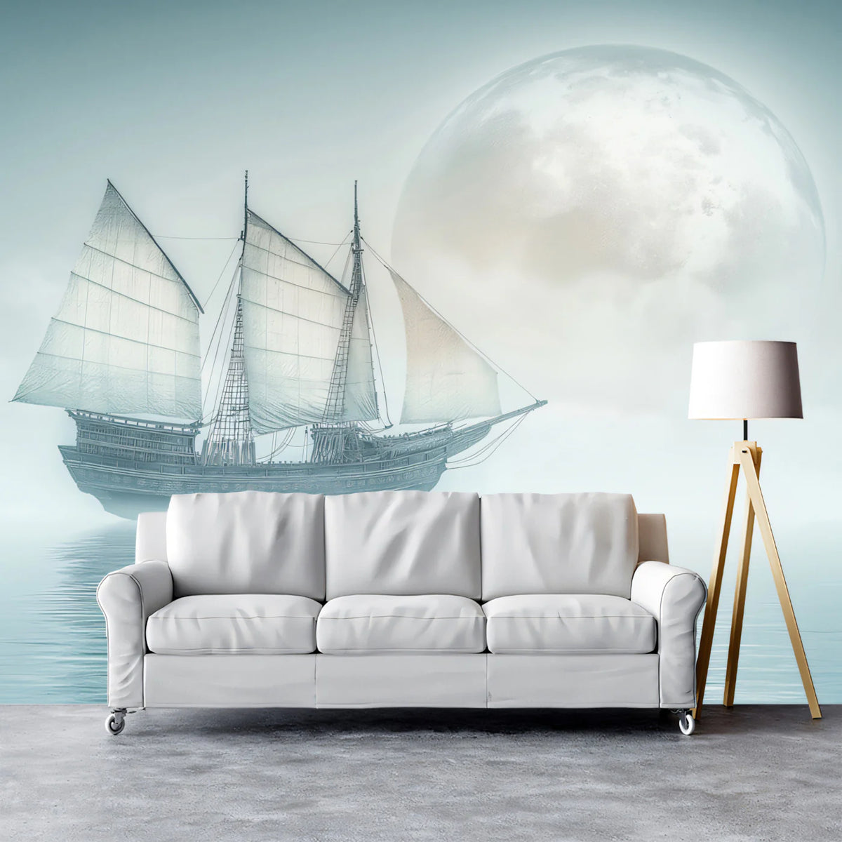 Asian Junk Ship in Mist Mural Wallpaper — Ethereal Seascape Mural Wallpaper - room preview 02