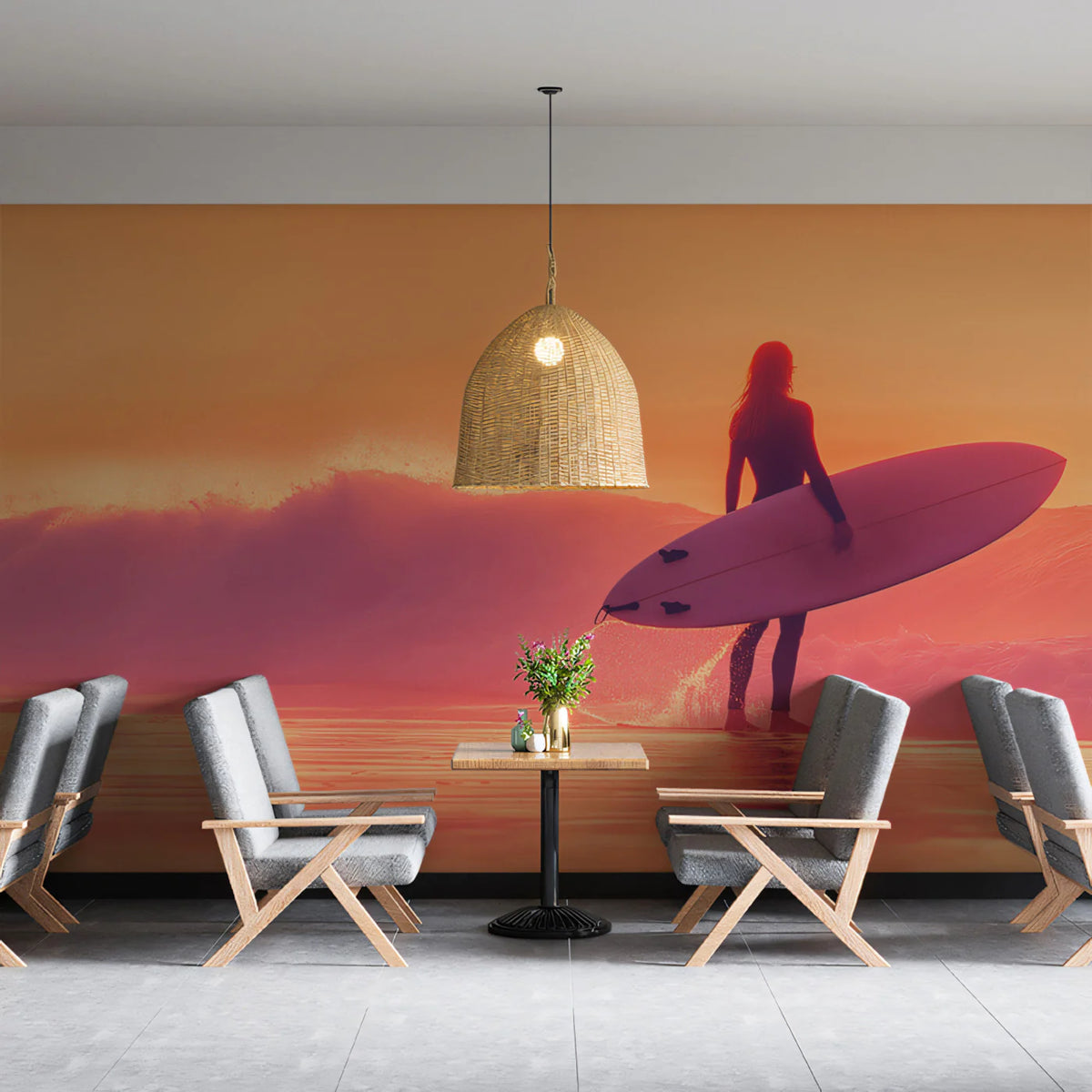 Surfer Silhouette Mural Wallpaper —Golden Hour Beach Scene Mural Wallpaper - room preview 02